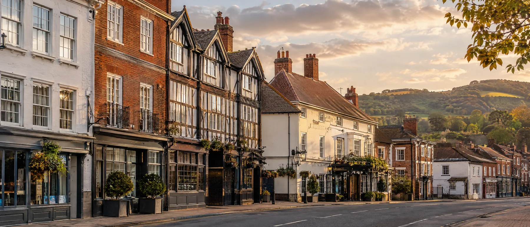 Georgian and timber-framed buildings with flats above shops in a Buckinghamshire town