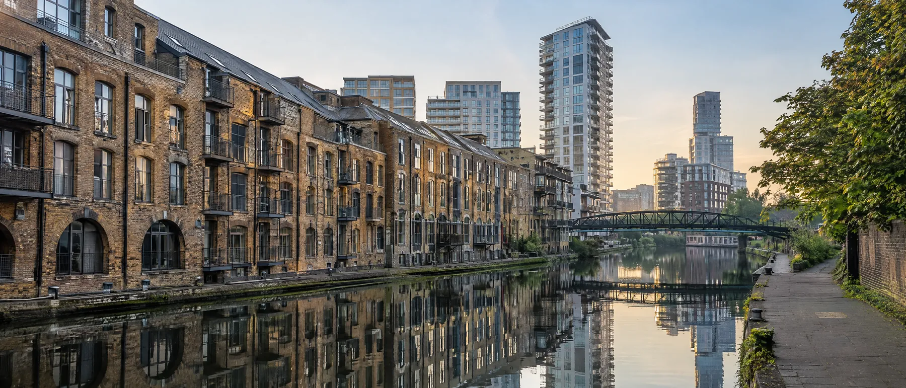 Converted warehouse apartments beside a canal with residential towers behind in East London