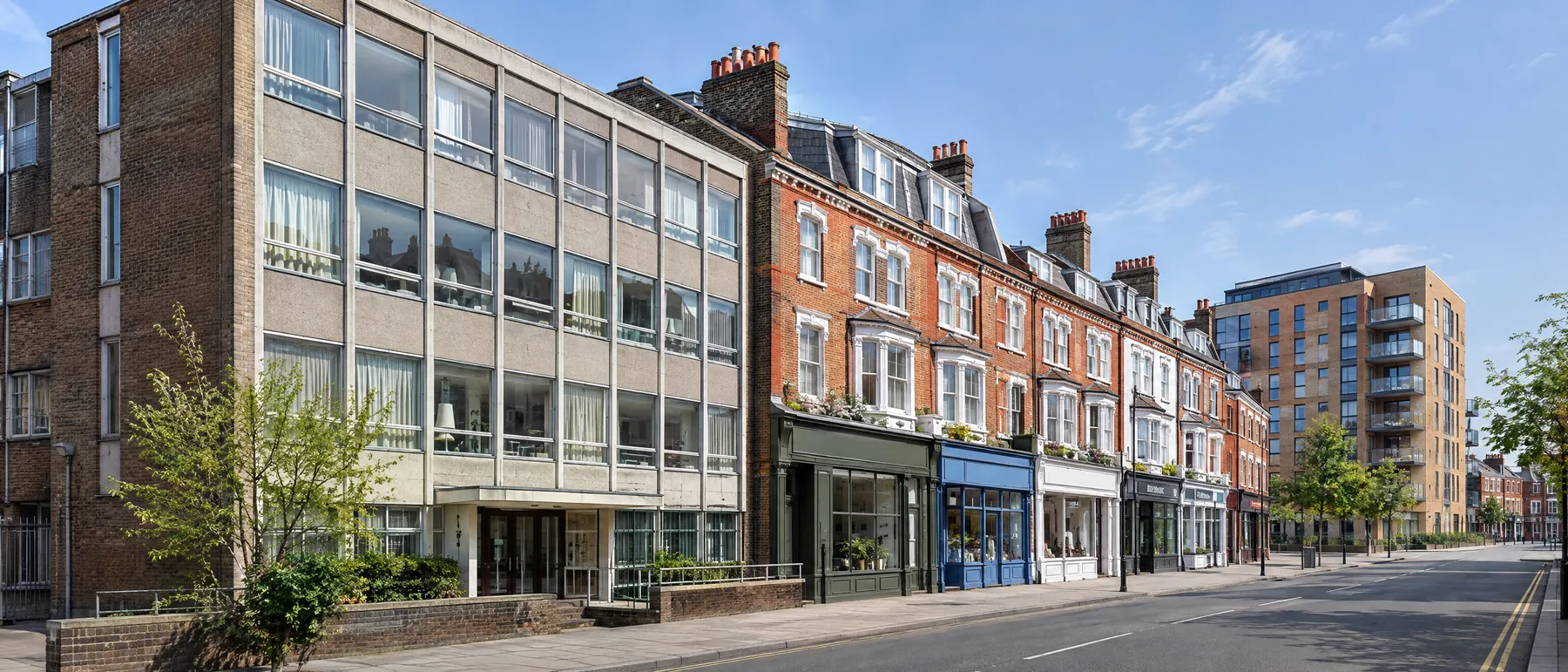 A converted 1960s office block beside shops with flats above in an Essex town centre