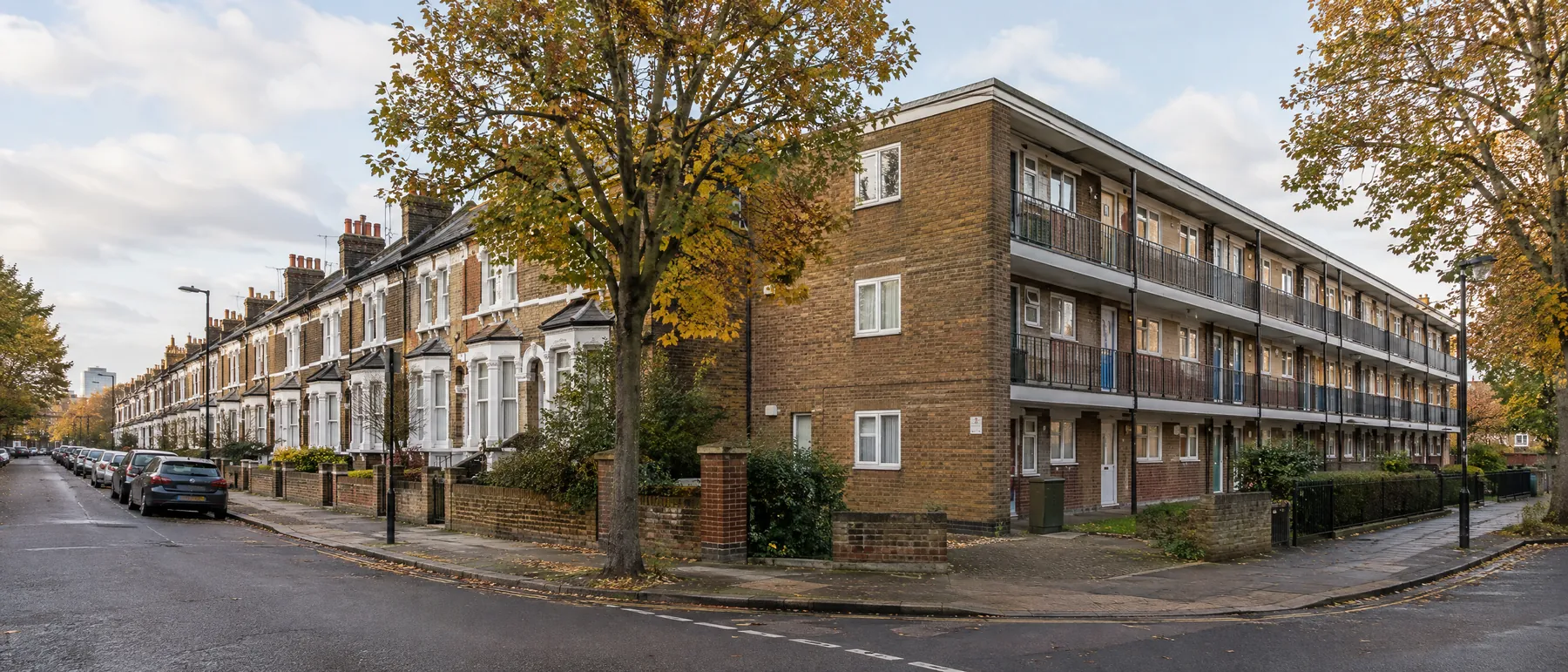 Victorian terraces converted into flats next to a low-rise council block in South East London