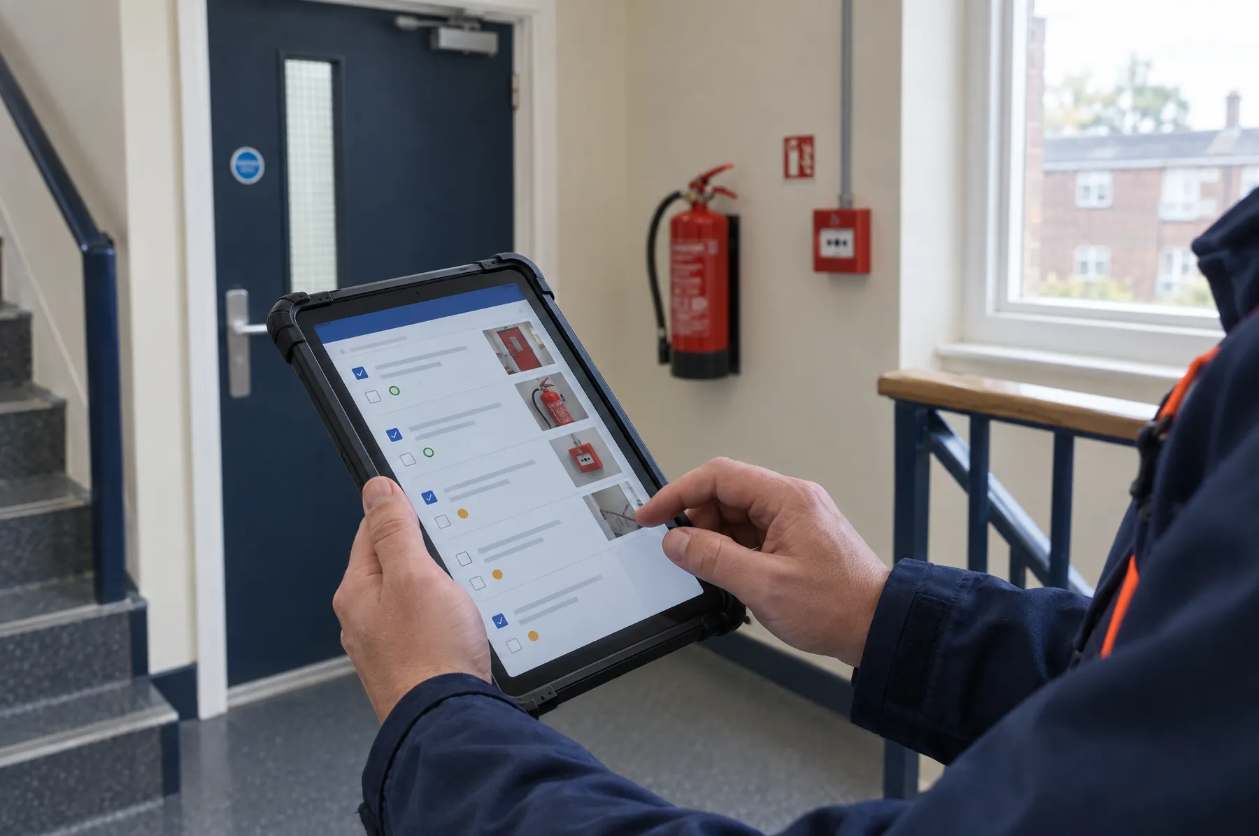 Fire risk assessment checklist on a tablet in a communal stairwell