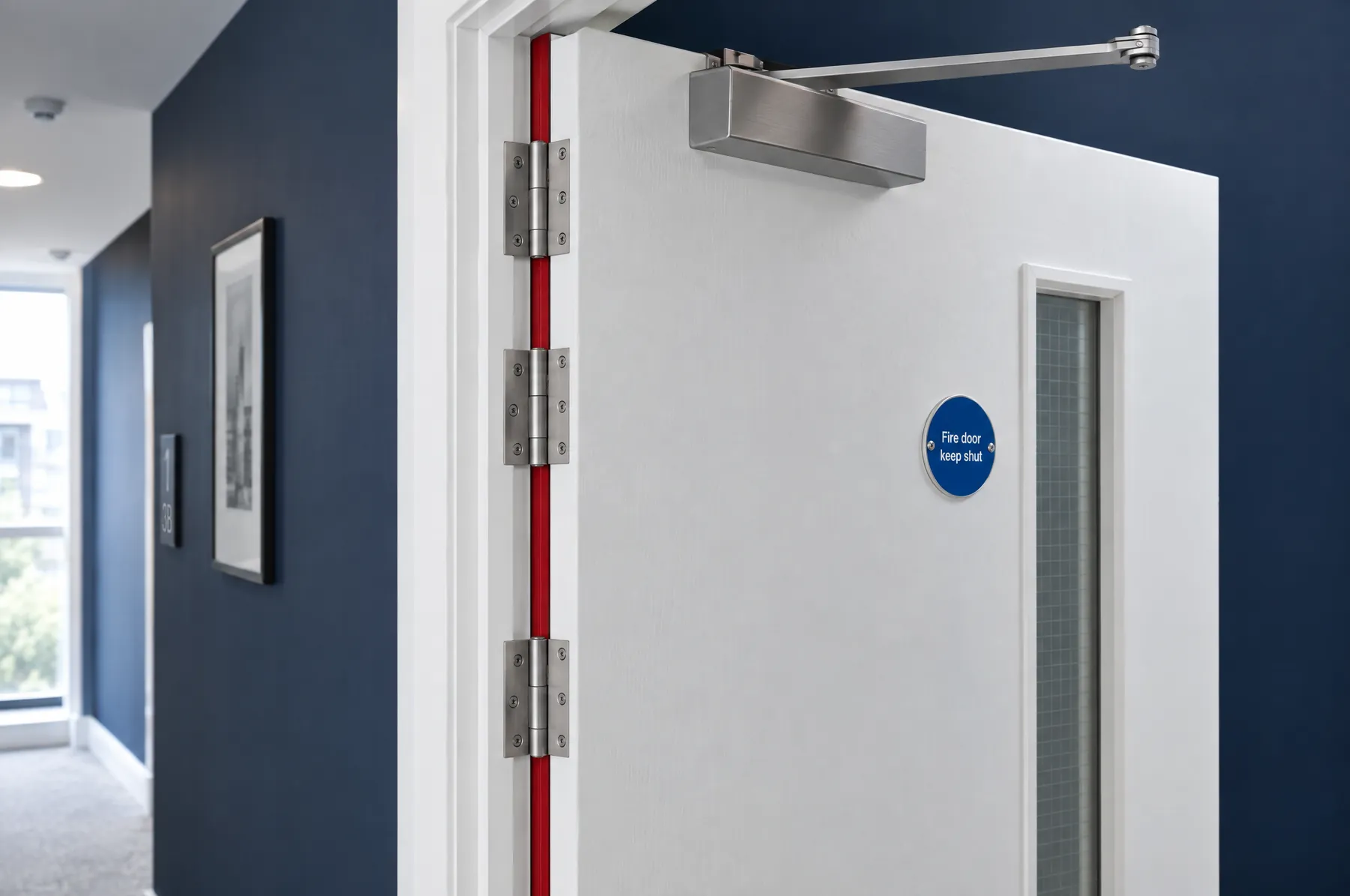Fire door detail showing intumescent seal, hinges and closer