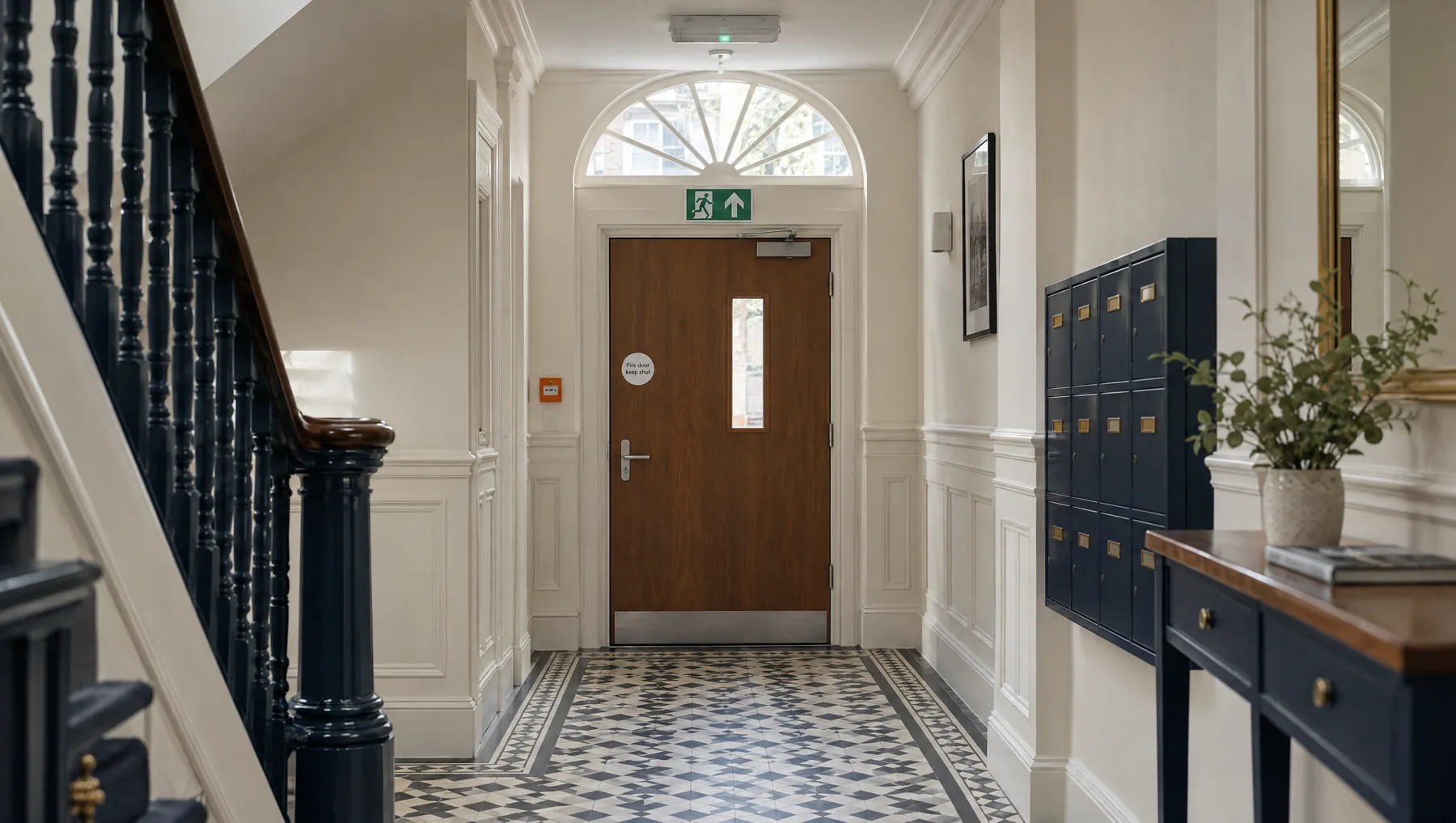 Communal entrance hall of a London mansion block with a fire door and exit sign