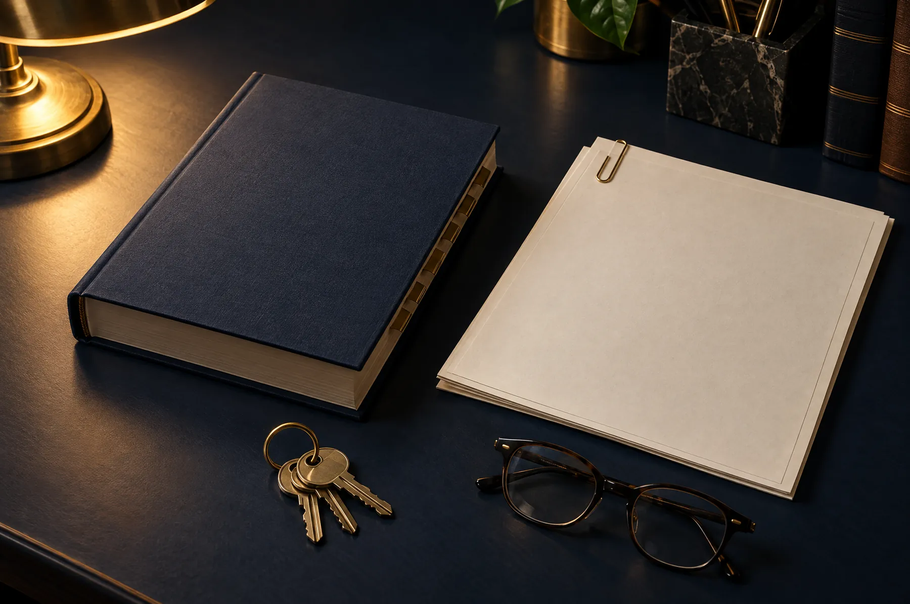 Fire safety legislation, lease documents and flat keys on a desk