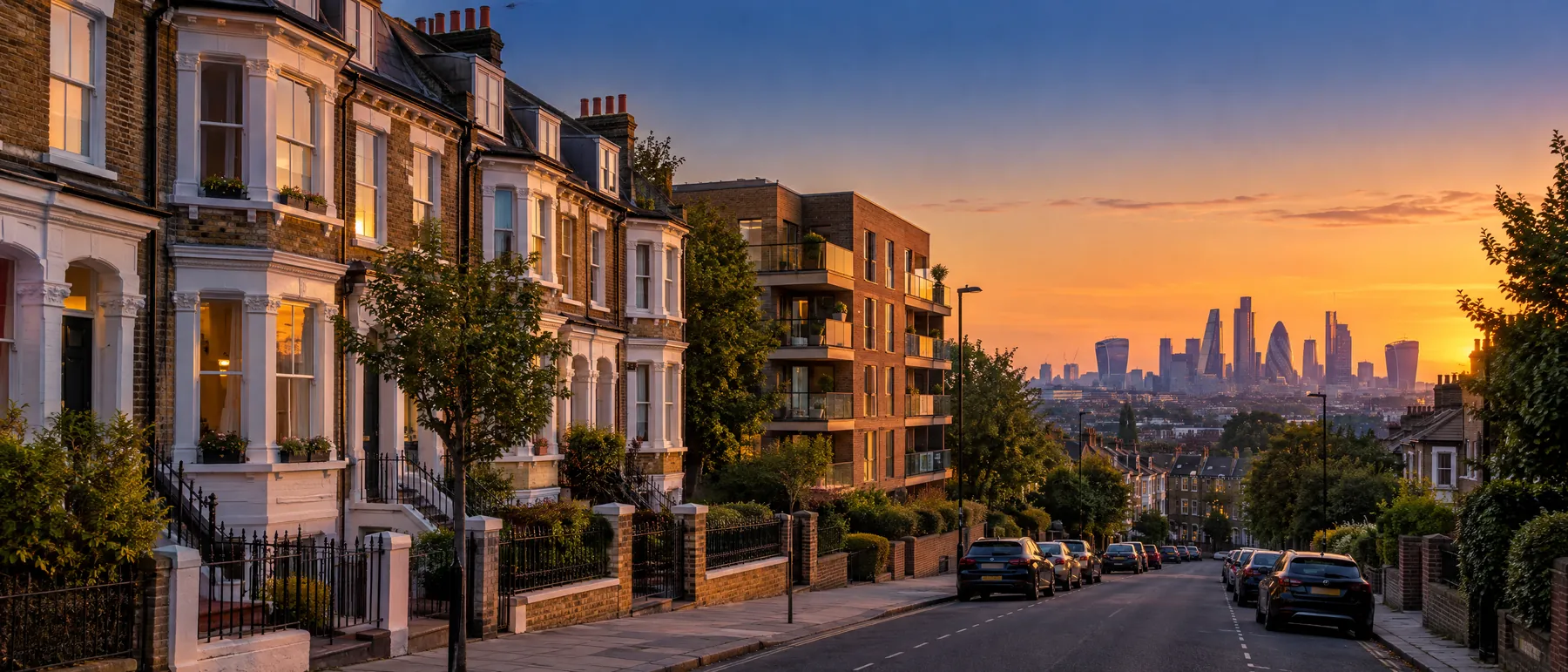 London residential street with converted terraces and blocks of flats