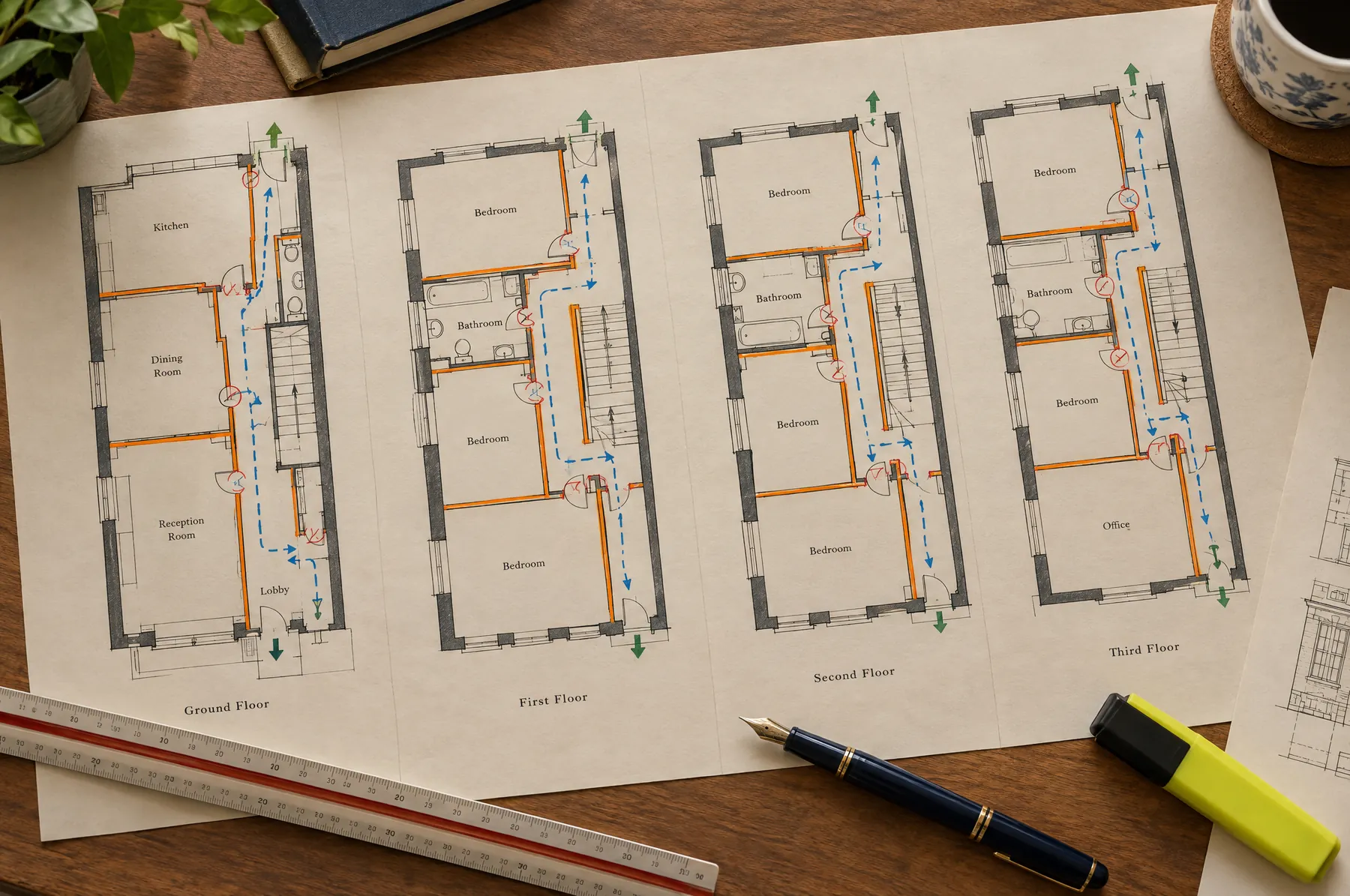 Floor plans marked up with fire compartments and escape routes