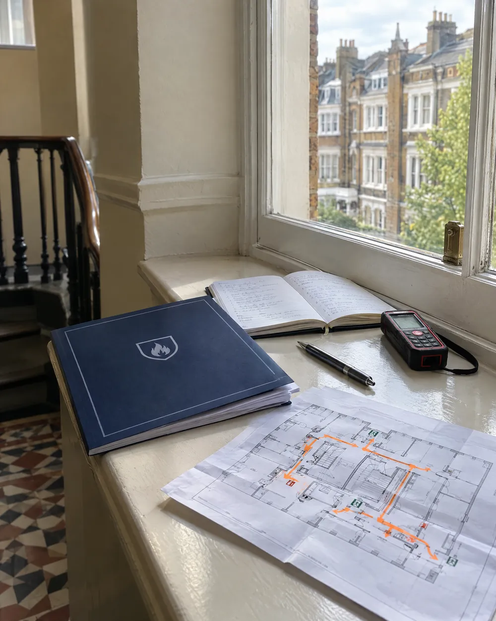 A fire risk assessment report, notebook and marked-up floor plan on a stairwell windowsill