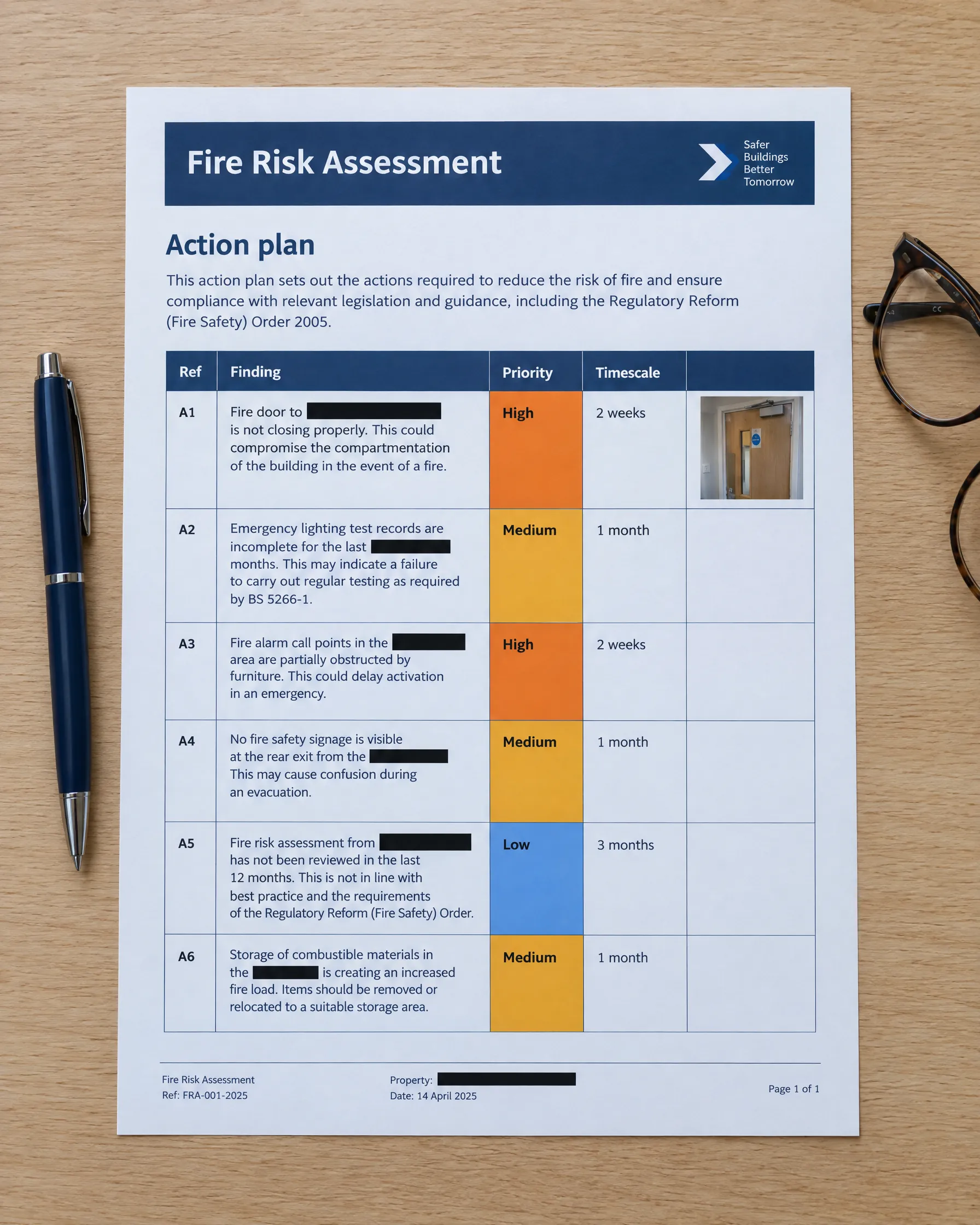 Sample fire risk assessment action plan page, redacted